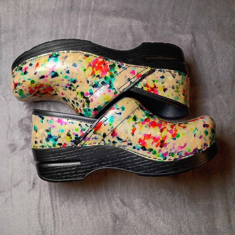 Dansko Professional Clogs 37 Multi Color Paint Splatter Patent Leather Shoes